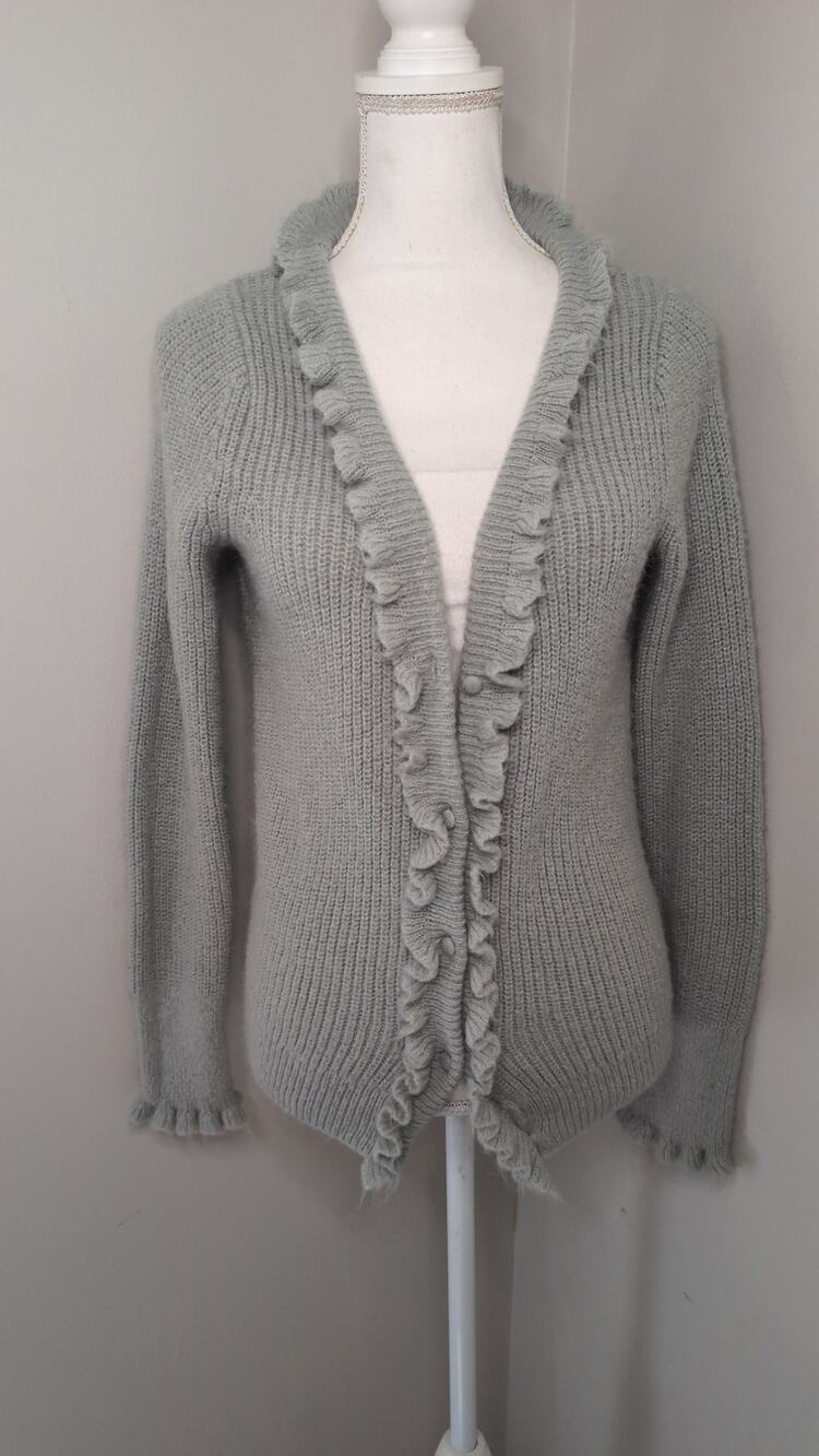Boden Jessica Ruffle Cardigan 6 Blue Gray Wool Alpaca Blend Sweater